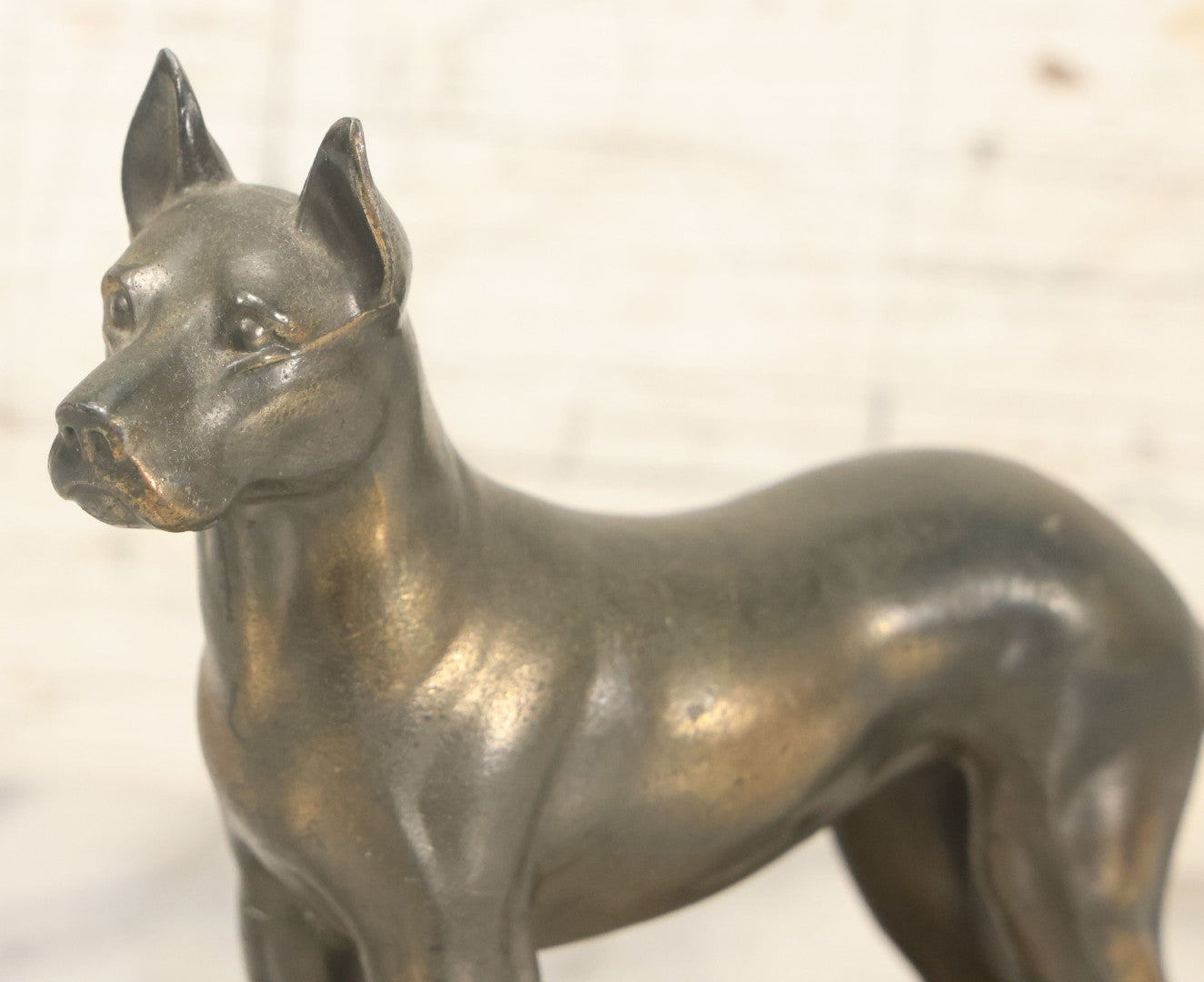 Lot 037 - Vintage Cast Metal Great Dane Dog Figurine, Mounted On Alabaster Base, Note Loss To Tail, Cracked Repaired Leg