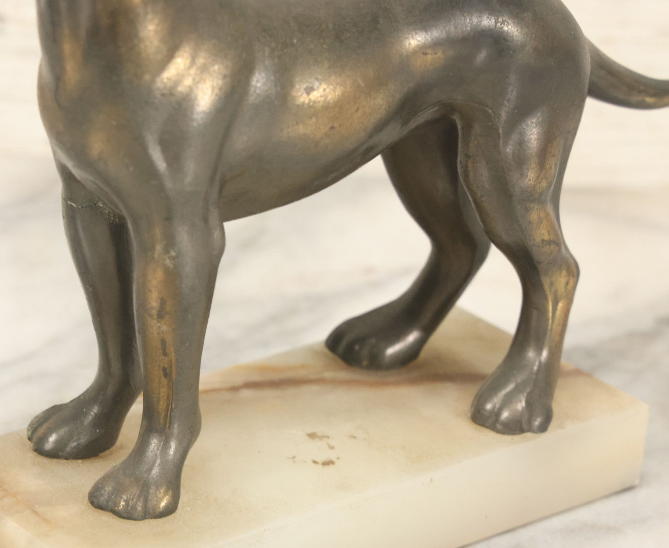 Lot 037 - Vintage Cast Metal Great Dane Dog Figurine, Mounted On Alabaster Base, Note Loss To Tail, Cracked Repaired Leg