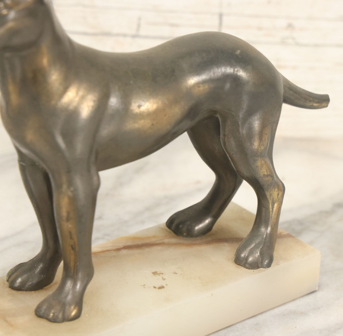 Lot 037 - Vintage Cast Metal Great Dane Dog Figurine, Mounted On Alabaster Base, Note Loss To Tail, Cracked Repaired Leg