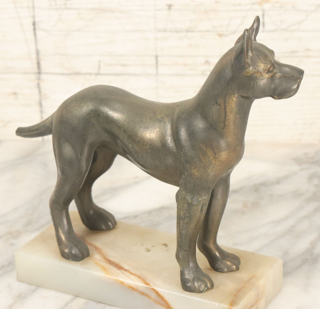 Lot 037 - Vintage Cast Metal Great Dane Dog Figurine, Mounted On Alabaster Base, Note Loss To Tail, Cracked Repaired Leg