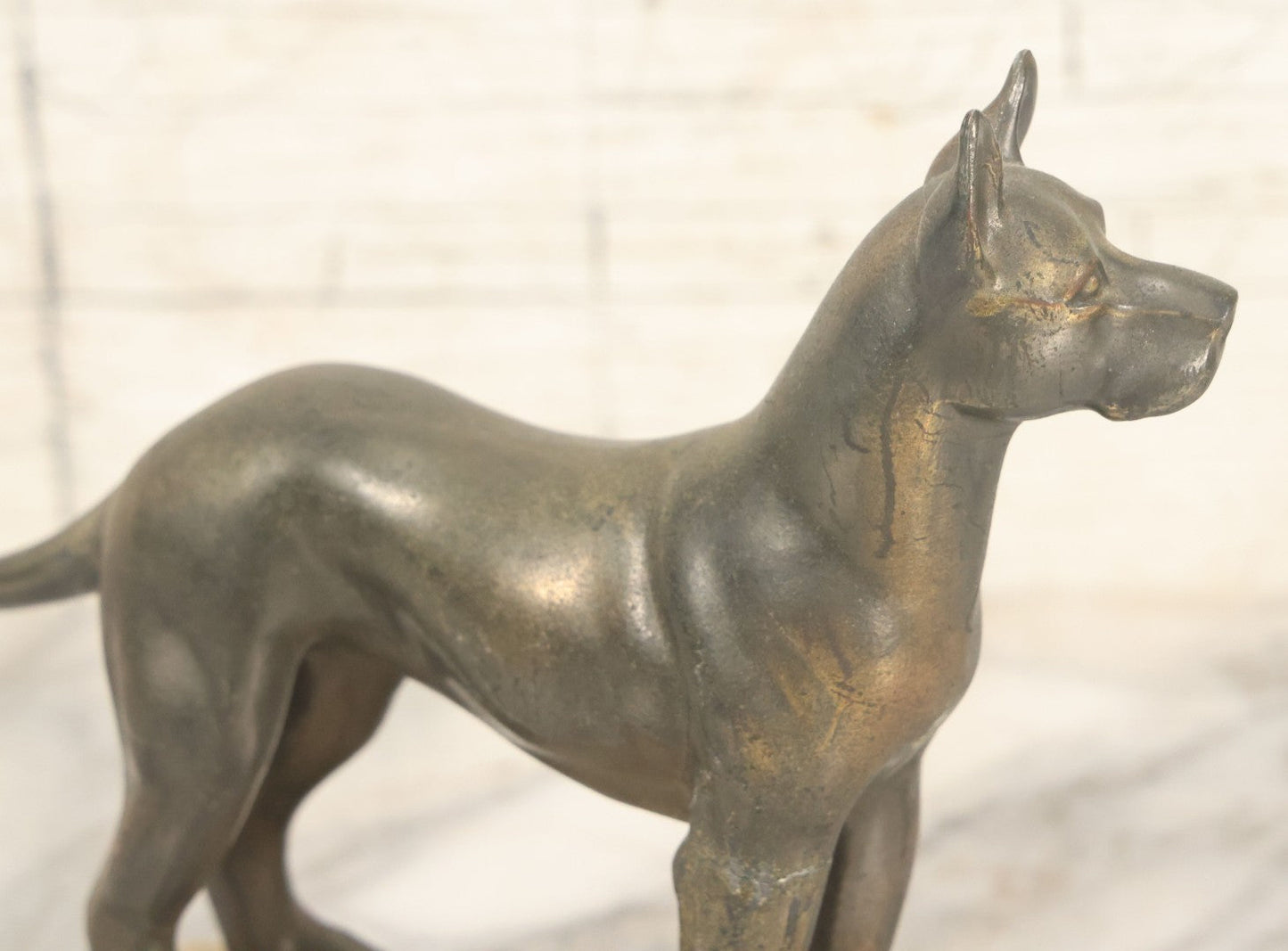 Lot 037 - Vintage Cast Metal Great Dane Dog Figurine, Mounted On Alabaster Base, Note Loss To Tail, Cracked Repaired Leg