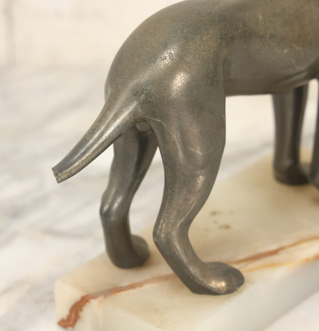 Lot 037 - Vintage Cast Metal Great Dane Dog Figurine, Mounted On Alabaster Base, Note Loss To Tail, Cracked Repaired Leg