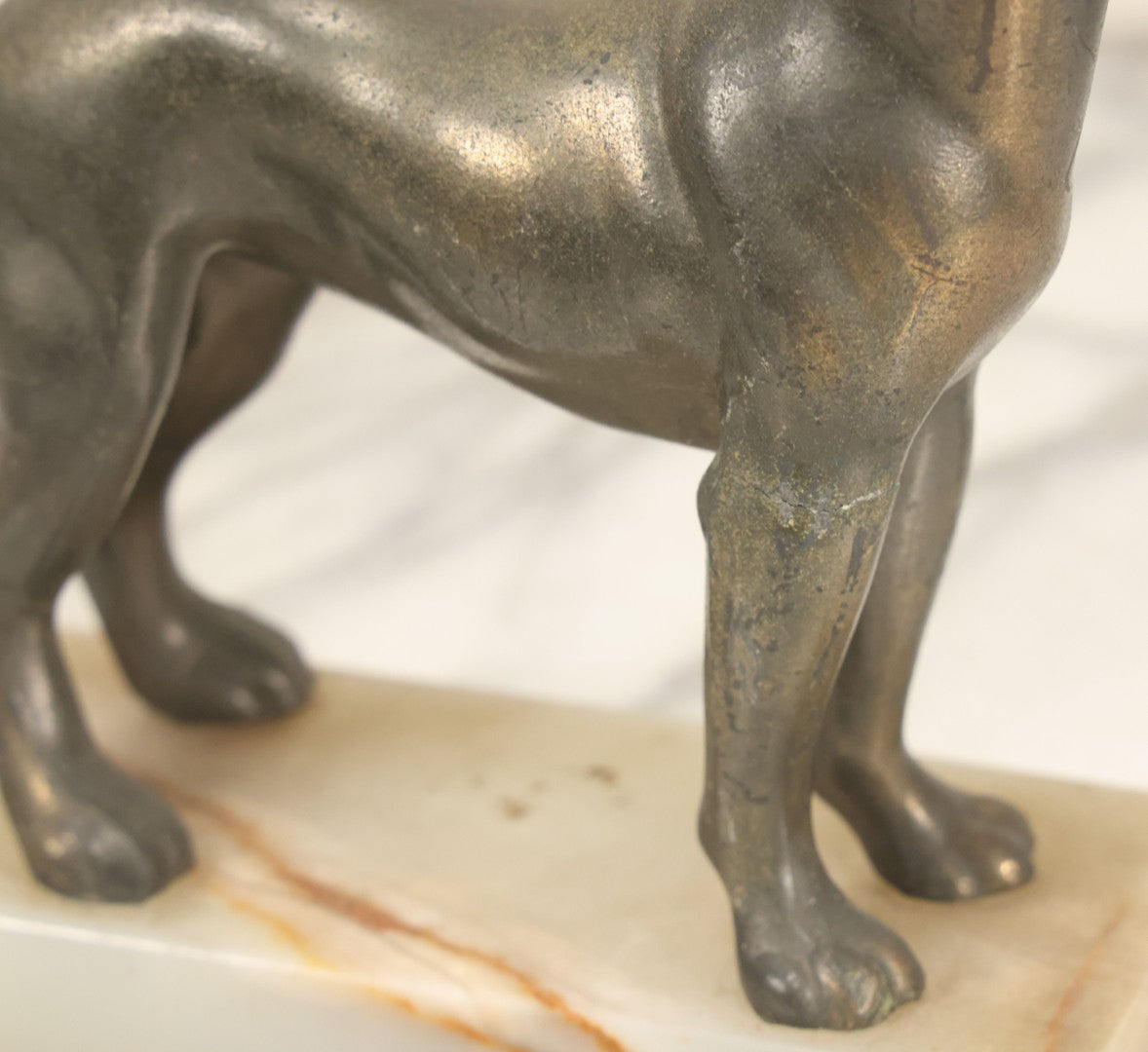Lot 037 - Vintage Cast Metal Great Dane Dog Figurine, Mounted On Alabaster Base, Note Loss To Tail, Cracked Repaired Leg