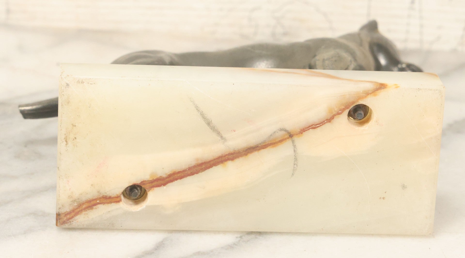 Lot 037 - Vintage Cast Metal Great Dane Dog Figurine, Mounted On Alabaster Base, Note Loss To Tail, Cracked Repaired Leg