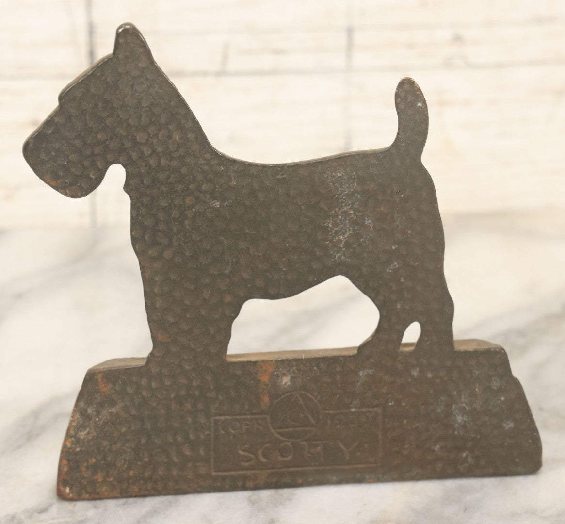 Lot 039 - Pair Of Antique Cast Iron Scottie Dog Bookends, Geometric Design, Aged Finish