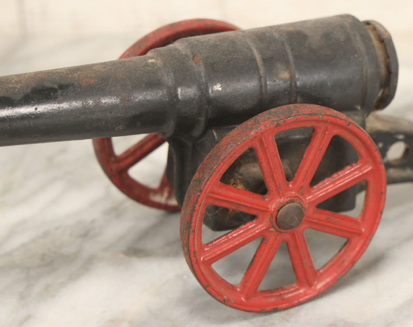 Lot 041 - Antique Cast Iron Cannon, Red Spoked Wheels, Early 20th Century