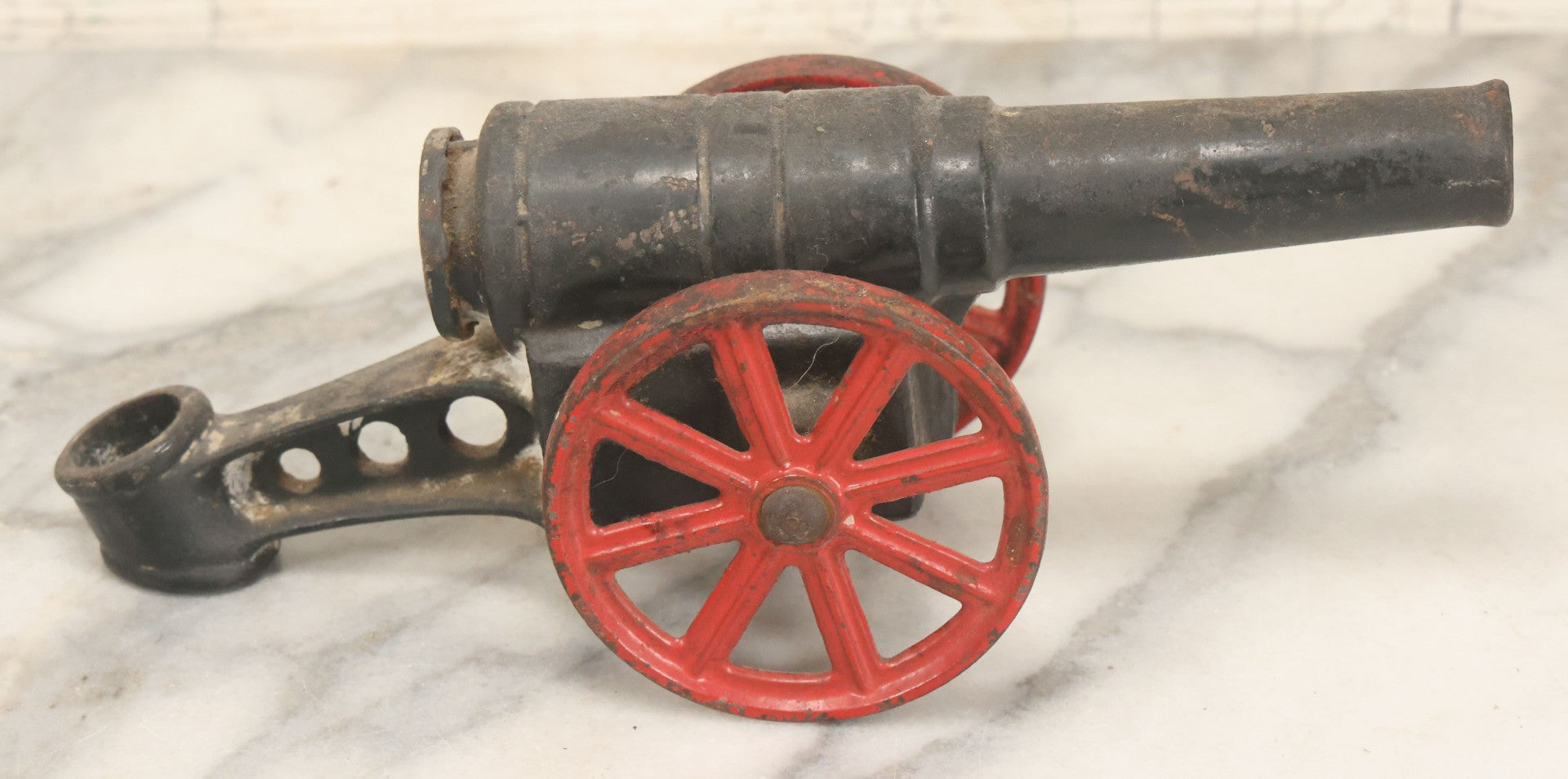 Lot 041 - Antique Cast Iron Cannon, Red Spoked Wheels, Early 20th Century
