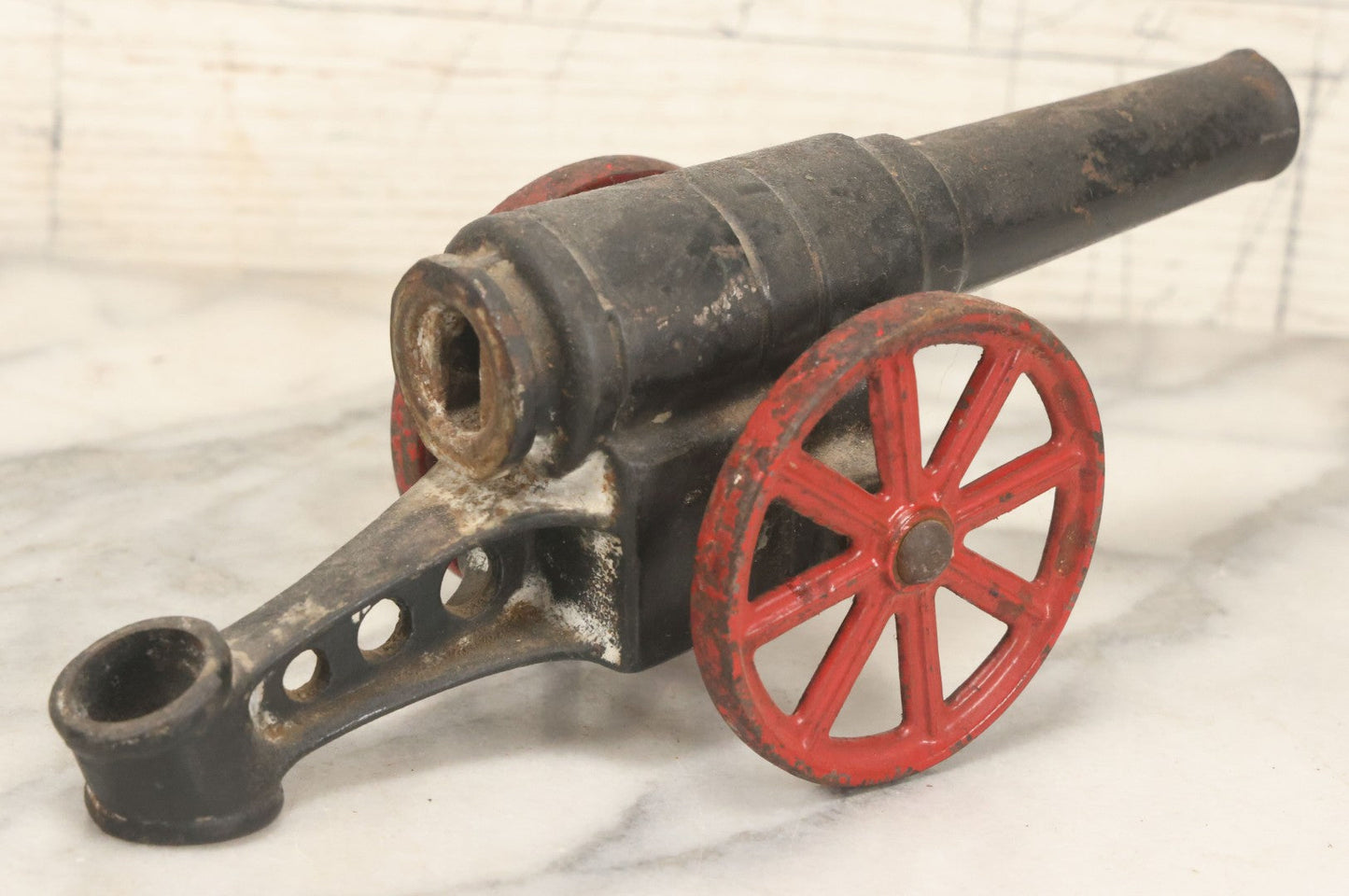 Lot 041 - Antique Cast Iron Cannon, Red Spoked Wheels, Early 20th Century