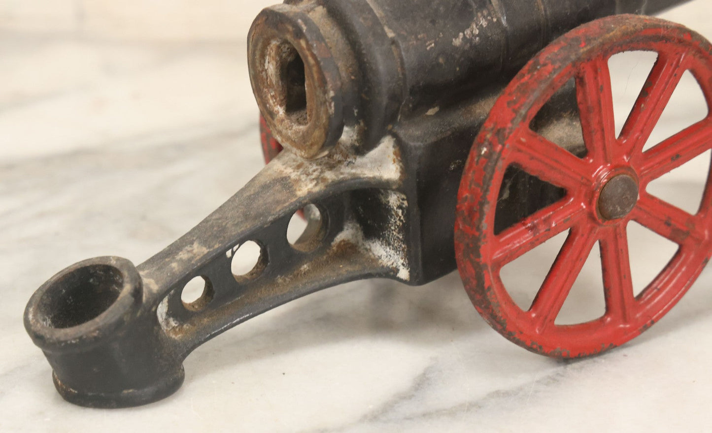 Lot 041 - Antique Cast Iron Cannon, Red Spoked Wheels, Early 20th Century