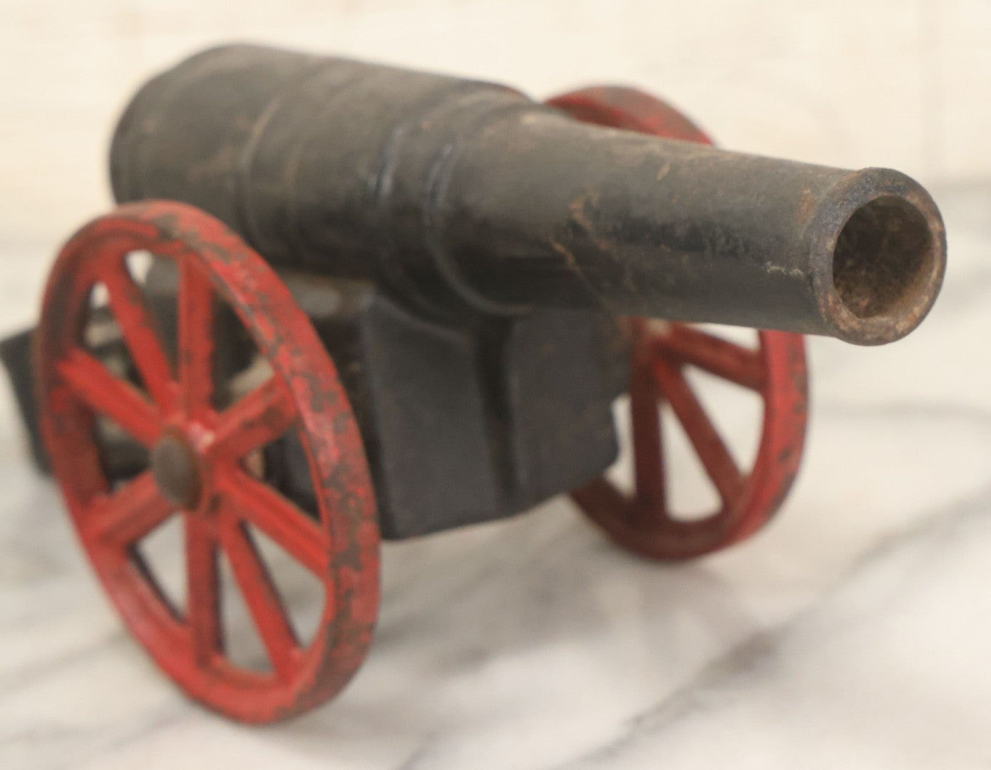 Lot 041 - Antique Cast Iron Cannon, Red Spoked Wheels, Early 20th Century