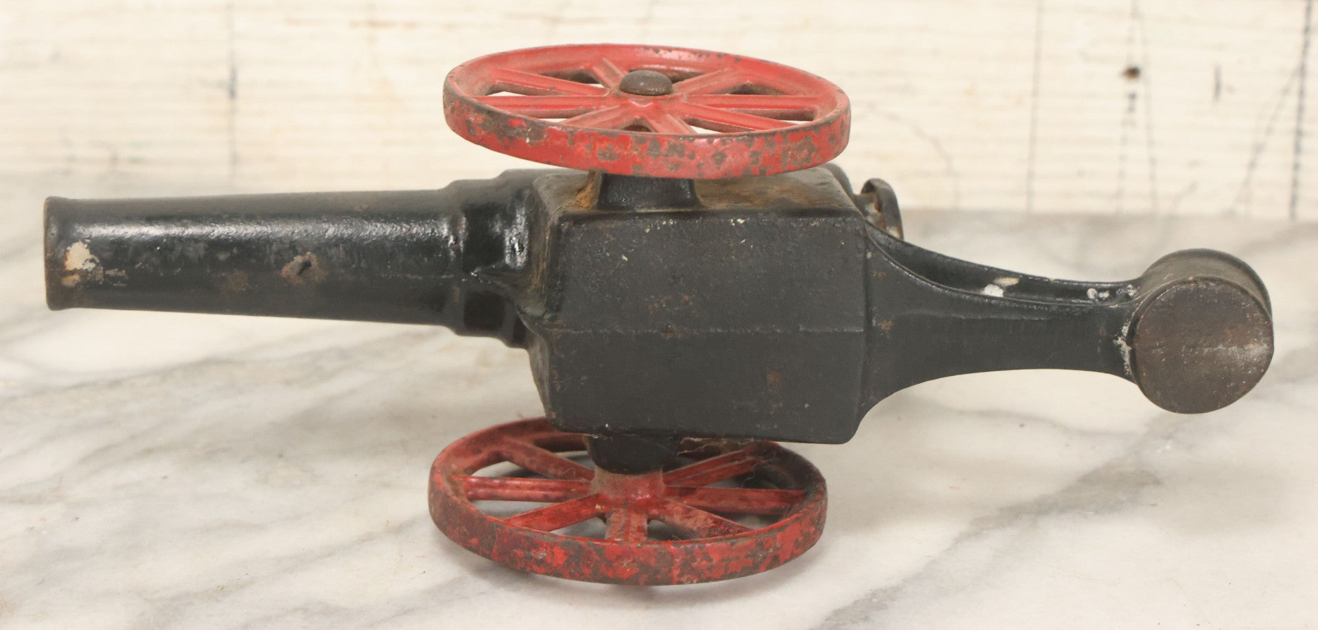 Lot 041 - Antique Cast Iron Cannon, Red Spoked Wheels, Early 20th Century