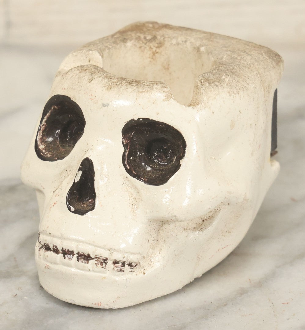 Lot 042 - Vintage Chalkware Skull Ashtray With Magnet Mount, Hand-Painted Details