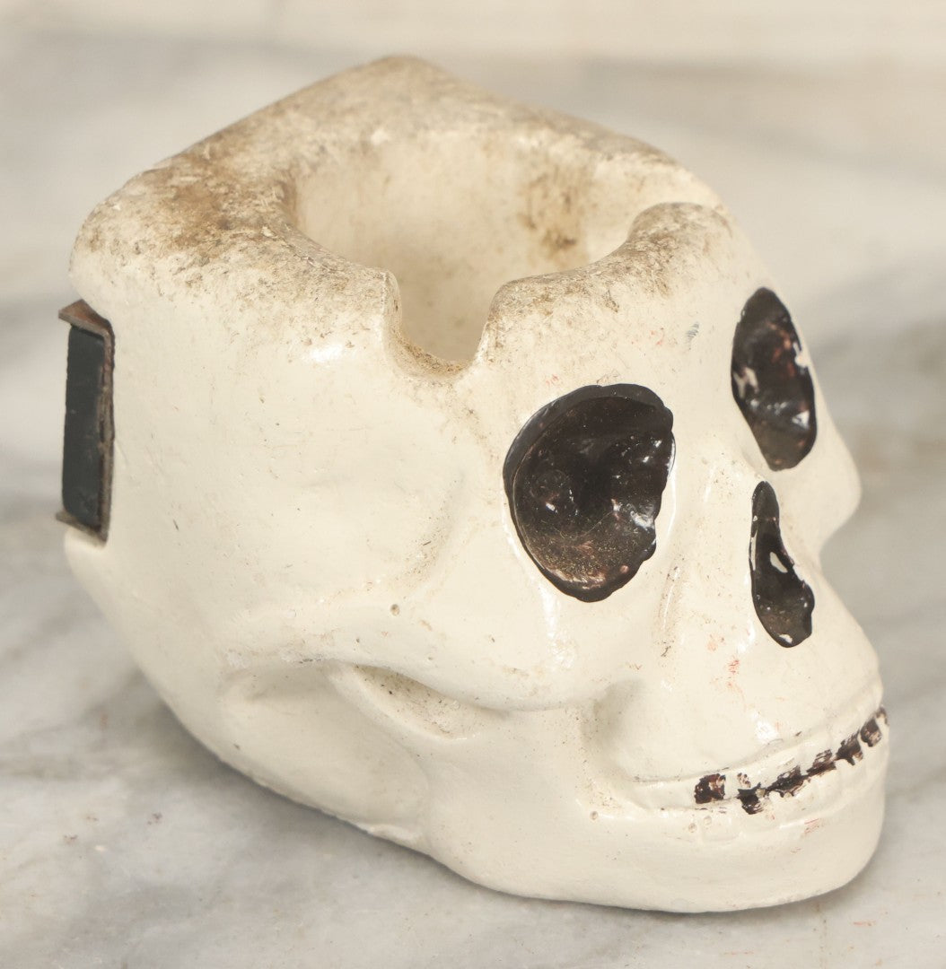 Lot 042 - Vintage Chalkware Skull Ashtray With Magnet Mount, Hand-Painted Details