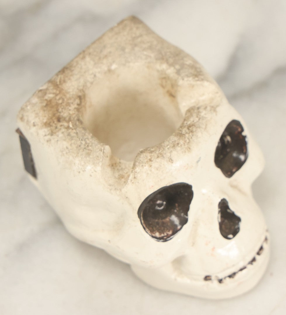 Lot 042 - Vintage Chalkware Skull Ashtray With Magnet Mount, Hand-Painted Details