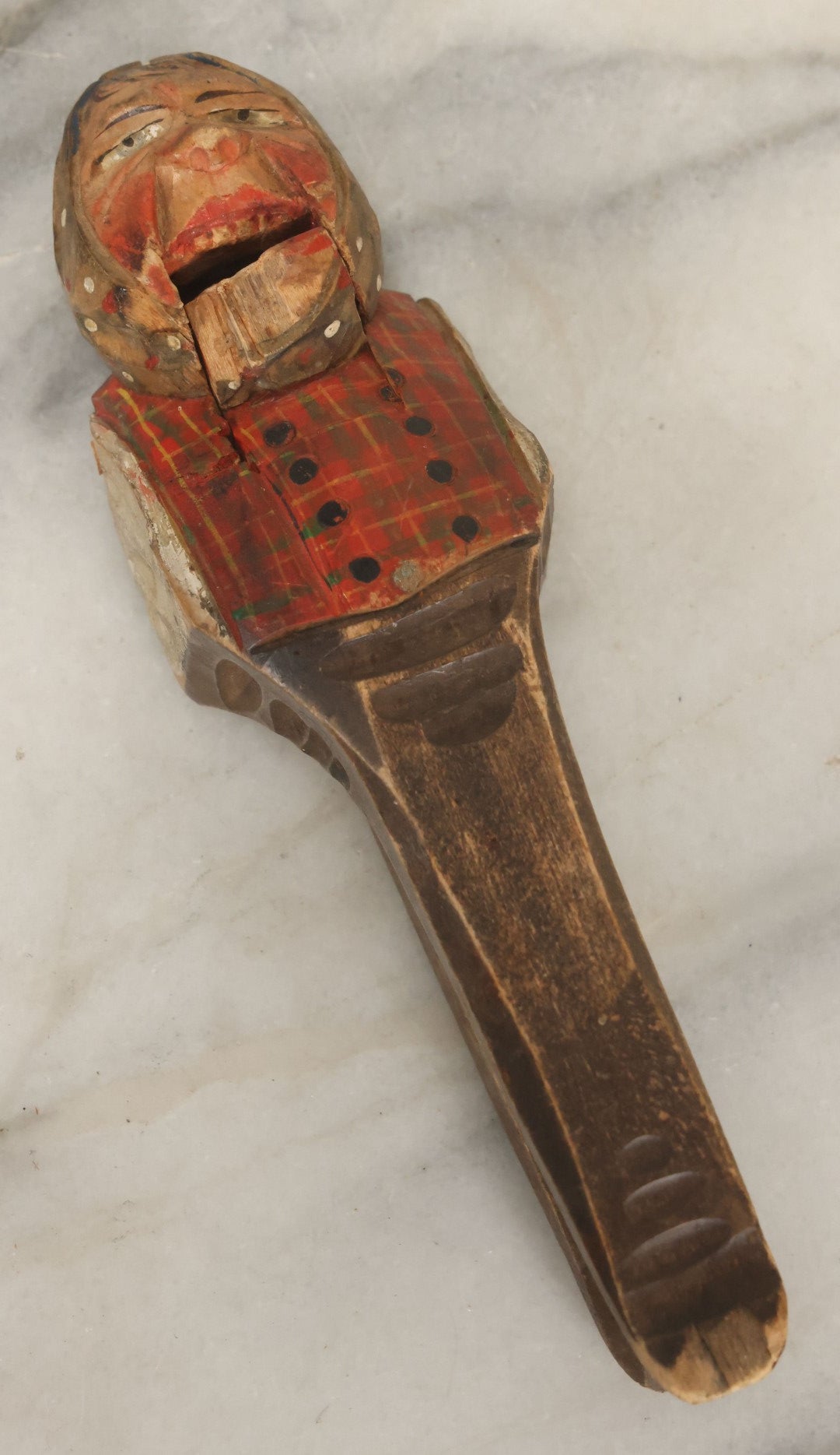 Lot 044 - Hand-Carved Wooden Scottish Man Nutcracker, Painted Plaid Outfit, Folk Art, Note Chip To Lip