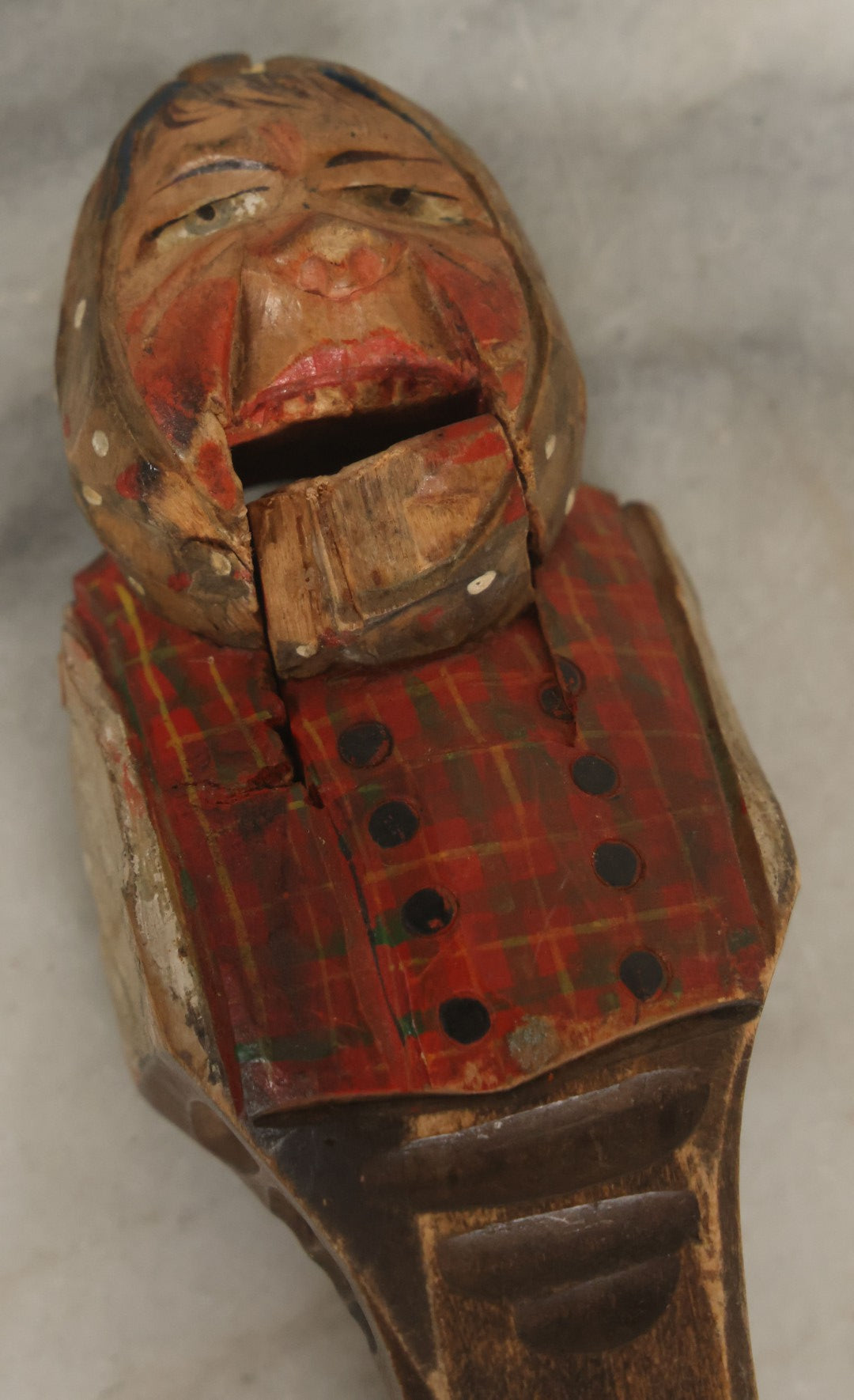 Lot 044 - Hand-Carved Wooden Scottish Man Nutcracker, Painted Plaid Outfit, Folk Art, Note Chip To Lip