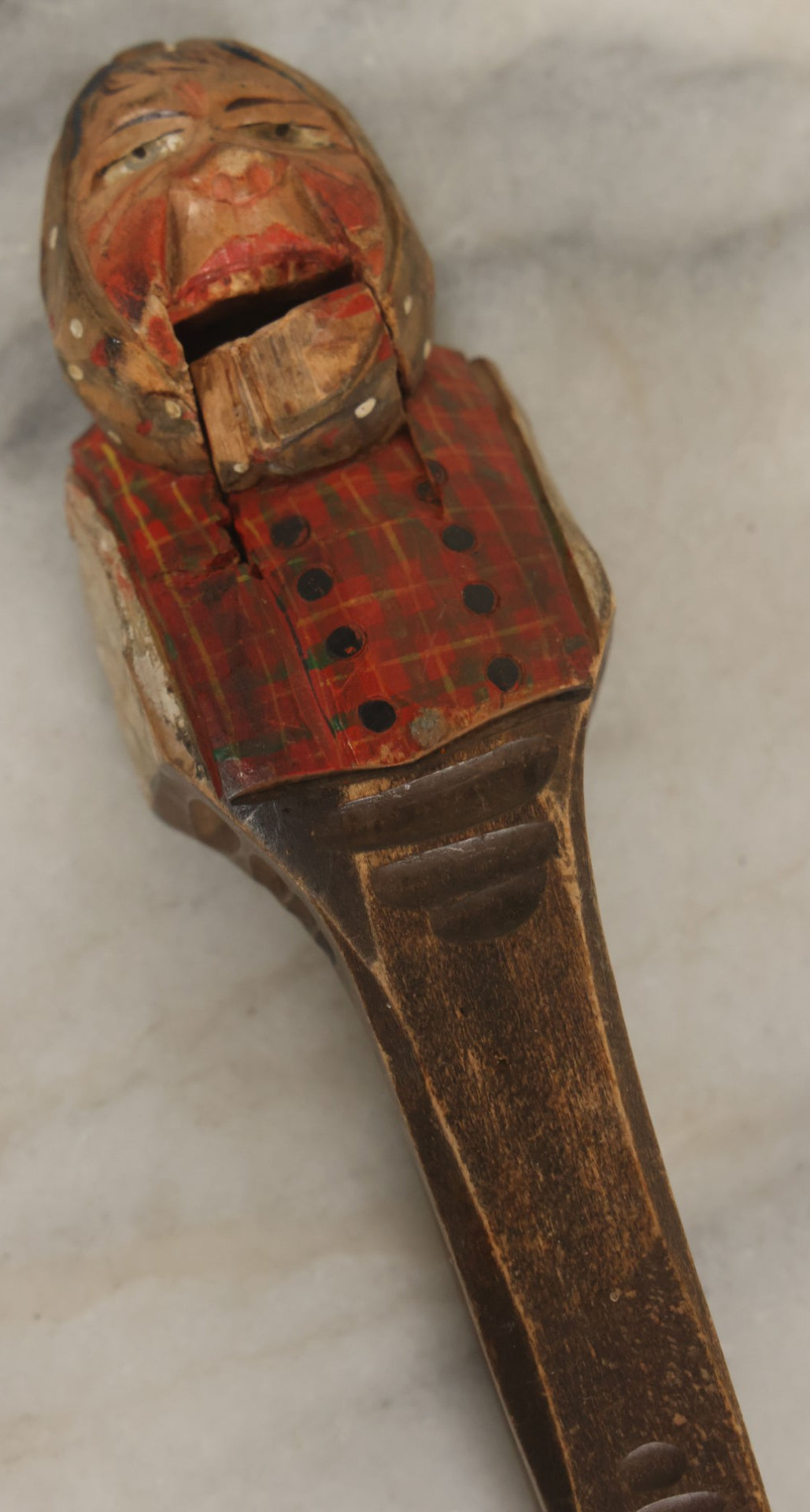 Lot 044 - Hand-Carved Wooden Scottish Man Nutcracker, Painted Plaid Outfit, Folk Art, Note Chip To Lip