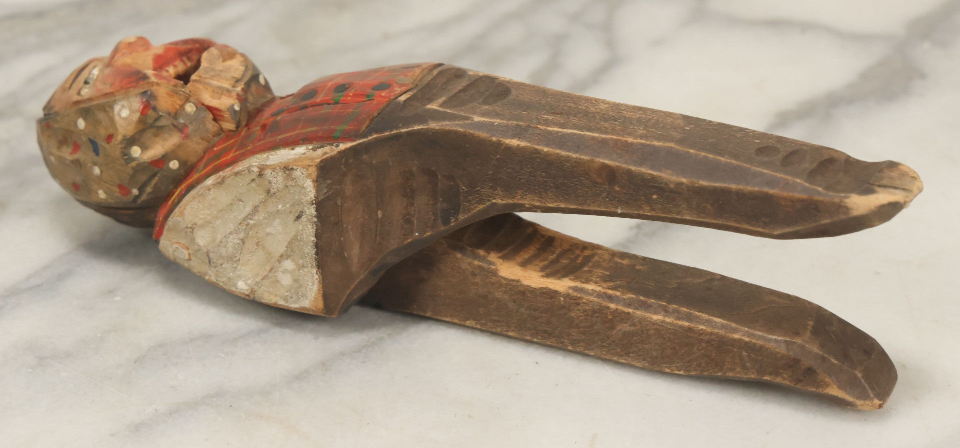 Lot 044 - Hand-Carved Wooden Scottish Man Nutcracker, Painted Plaid Outfit, Folk Art, Note Chip To Lip