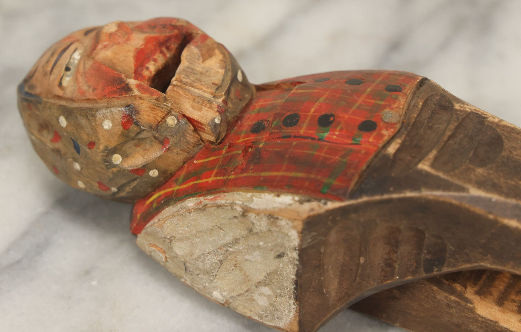 Lot 044 - Hand-Carved Wooden Scottish Man Nutcracker, Painted Plaid Outfit, Folk Art, Note Chip To Lip