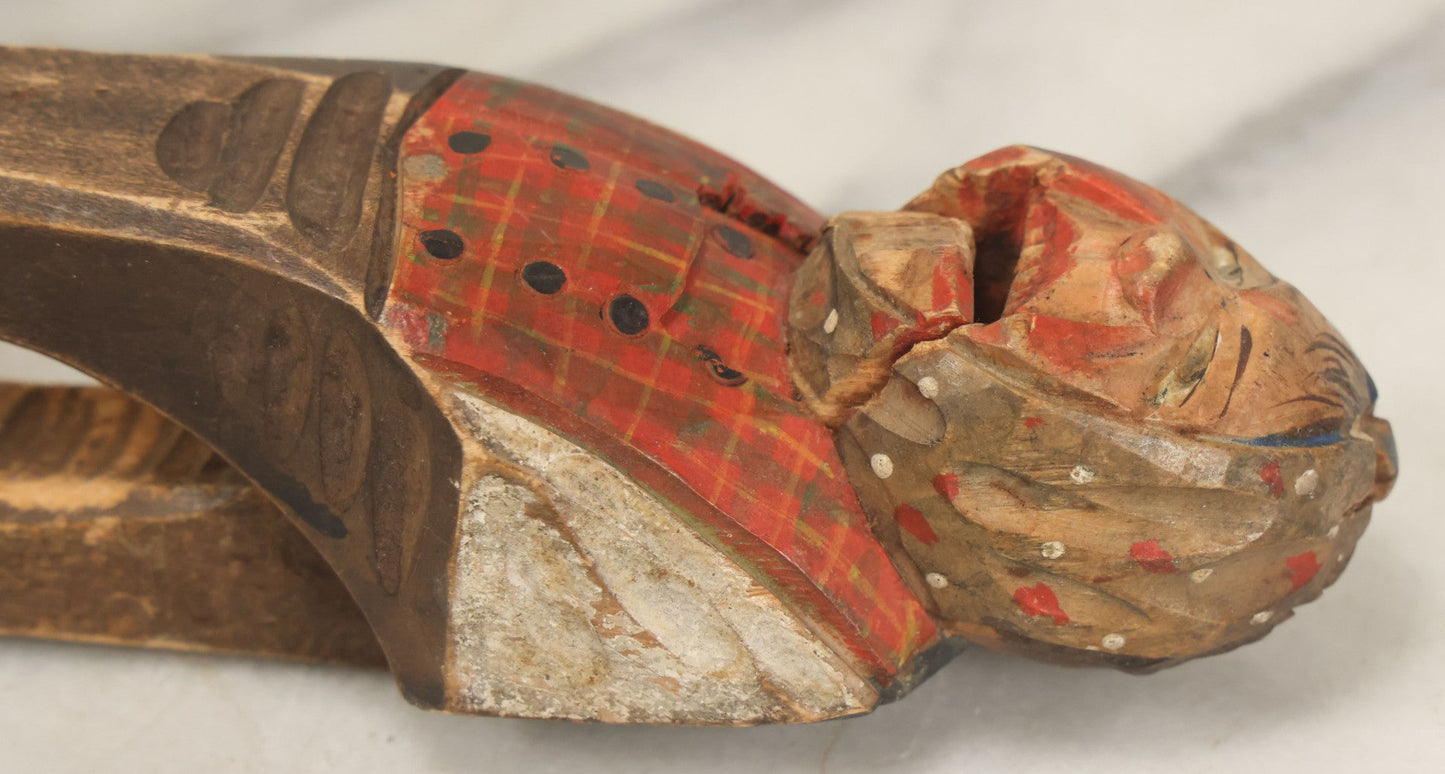 Lot 044 - Hand-Carved Wooden Scottish Man Nutcracker, Painted Plaid Outfit, Folk Art, Note Chip To Lip