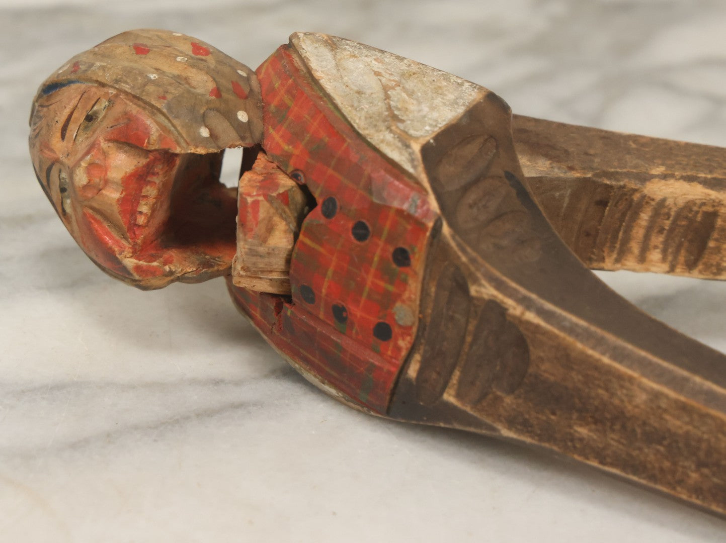 Lot 044 - Hand-Carved Wooden Scottish Man Nutcracker, Painted Plaid Outfit, Folk Art, Note Chip To Lip