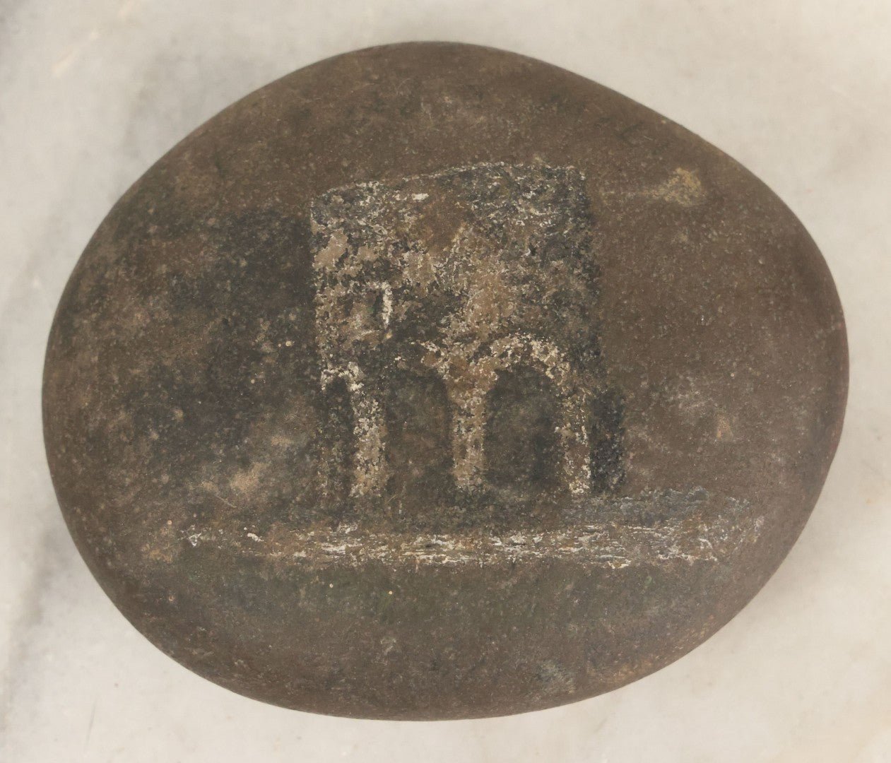 Lot 045 - Antique Hand Painted Rock With Architectural Scene, Folk Art Paperweight, Identified As A Mill