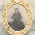 Lot 046 - Antique Painted Over Photo Portrait Miniature Of A Woman, Signed Lopez, In Ornate Carved Scrimshaw Bone Floral Frame, Note Repairs