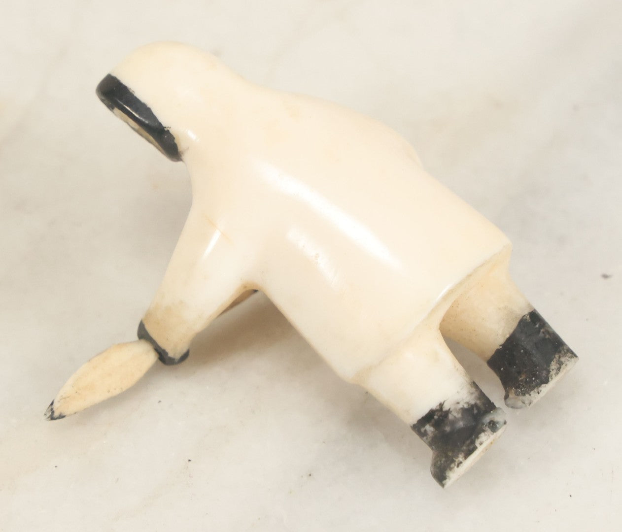 Lot 047 - Vintage Inuit Carved Scrimshaw Bone Figurine, Hunter With Spear, Black And White Painted Details