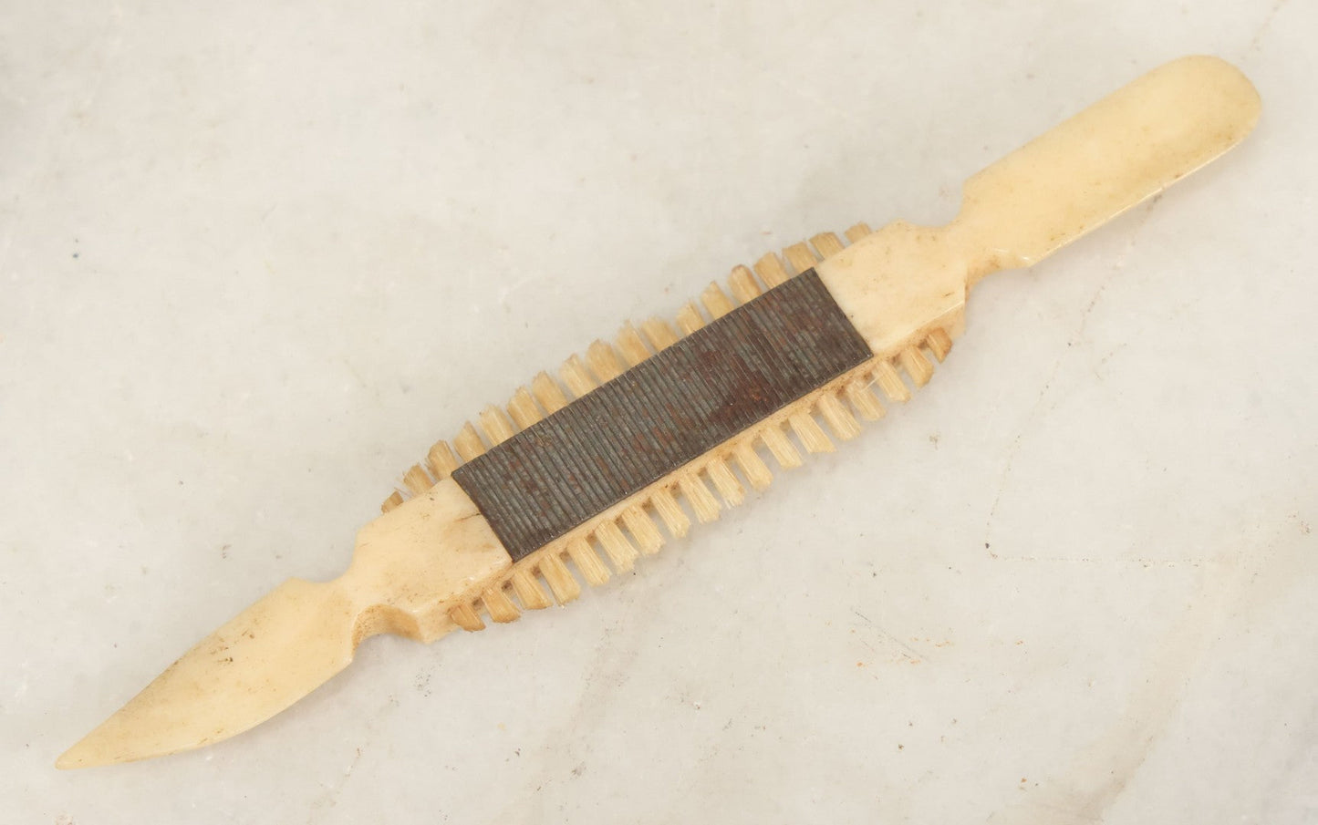 Lot 048 - Antique Carved Scrimshaw Bone Multi-Tool With Brush And Blade, Early Grooming Or Cleaning Implement