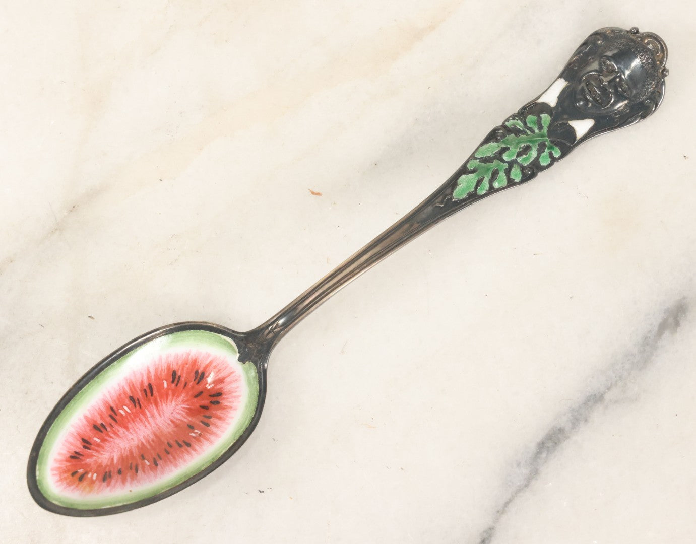 Lot 074 - Antique Hand-Painted Enameled Sterling Silver Spoon, Watermelon Bowl And Figural Handle, By Charles W. Crankshaw, Copyright 1895, "Black Americana," Note 100% Of Hammer Price To Be Donated To The Jim Crow Museum Of Racist Memorabilia