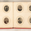 Lot 079 - Antique Red Gem Tintype Photograph Album Containing 70+ Photos, Including Three Dapper Young Men Smoking, Many Identified (All Pages Pictured)