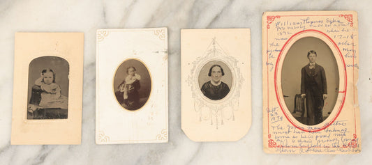 Lot 092 - Grouping Of Four Antique Tintype Photographs, Two Of Young Girls, One Woman, And A Young Man With Identification