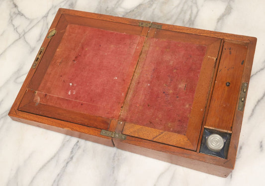 Lot 096 - Antique Lift Top Writing Lap Desk With Interior Compartments, Red Felt, With Original Inkwell