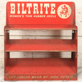 Lot 098 - Vintage Biltrite "Women's Thin Rubber Heels" Metal Shoe Repair Store Display, Red Advertising Shelf, "Get Longer Wear By Shoe Repair," Approximately 16" Wide, 17" Tall