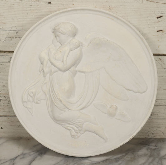 Lot 099 - Vintage White Plaster Relief Plaque, Winged Angel Holding Child, With Owl, 13-3/8" Diameter
