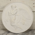 Lot 099 - Vintage White Plaster Relief Plaque, Winged Angel Holding Child, With Owl, 13-3/8" Diameter