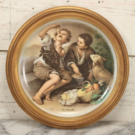 Lot 101 - Vintage Decorated Porcelain Plate, Gilded Frame, Scene Of Two Boys And Dog Eating Fruit, Suisse Langenthal Hallmark, Made In Switzerland, Approximately 14-1/2" Diameter