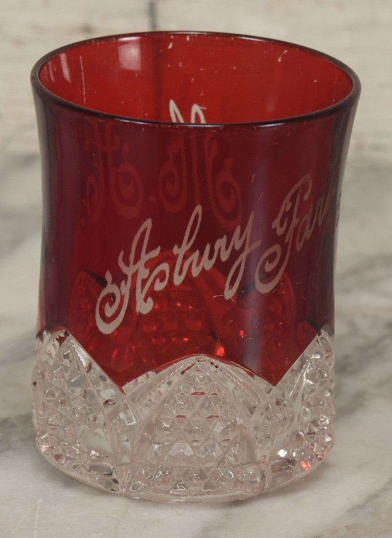 Lot 104 - Antique Ruby Glass Souvenir Cup, "Asbury Park" New Jersey, 1902, "M.A." Monogram, Cut Glass Base