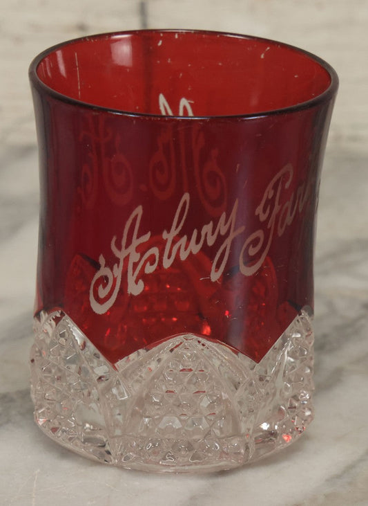 Lot 104 - Antique Ruby Glass Souvenir Cup, "Asbury Park" New Jersey, 1902, "M.A." Monogram, Cut Glass Base