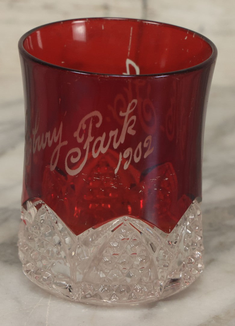 Lot 104 - Antique Ruby Glass Souvenir Cup, "Asbury Park" New Jersey, 1902, "M.A." Monogram, Cut Glass Base