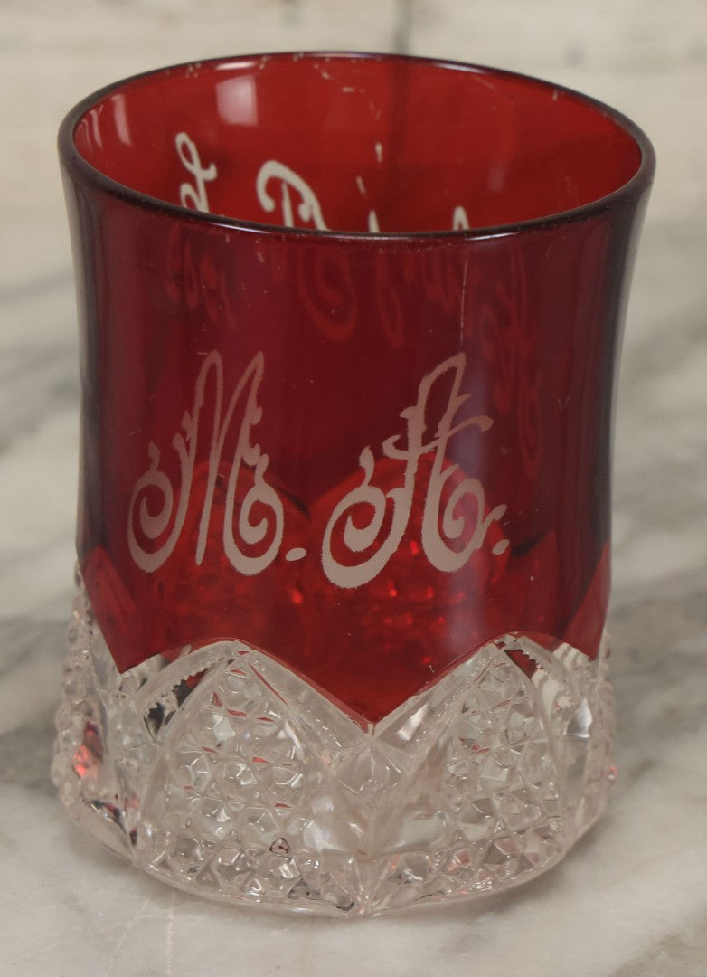 Lot 104 - Antique Ruby Glass Souvenir Cup, "Asbury Park" New Jersey, 1902, "M.A." Monogram, Cut Glass Base