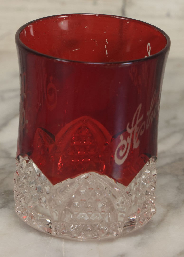 Lot 104 - Antique Ruby Glass Souvenir Cup, "Asbury Park" New Jersey, 1902, "M.A." Monogram, Cut Glass Base