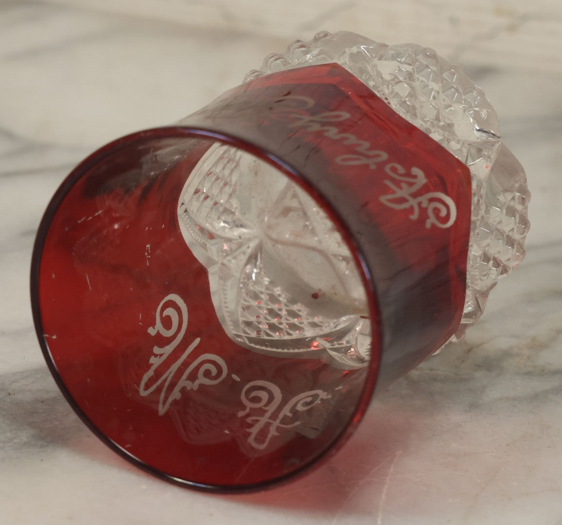 Lot 104 - Antique Ruby Glass Souvenir Cup, "Asbury Park" New Jersey, 1902, "M.A." Monogram, Cut Glass Base