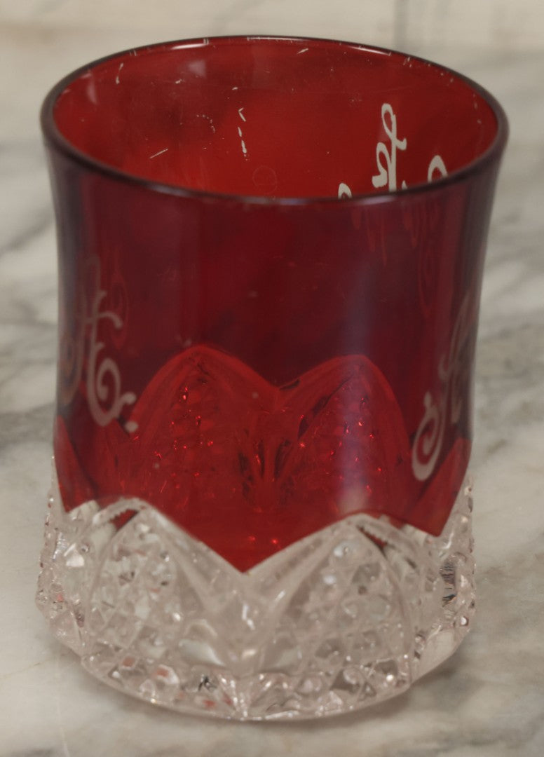 Lot 104 - Antique Ruby Glass Souvenir Cup, "Asbury Park" New Jersey, 1902, "M.A." Monogram, Cut Glass Base