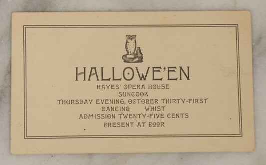 Lot 106 - Single Antique Postcard, Halloween Part At Hayes' Opera House, Suncook, New Hampshire, October 31, 1907 Invitation, With Owl Motif, Postmarked