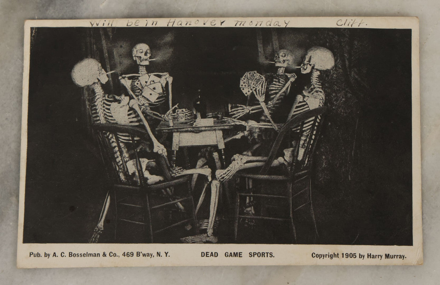 Lot 108 - Single Antique Postcard, Skeletons Playing Cards, Smoking Cigarettes, "Dead Game Sports," Copyright 1905 By Harry Murray, Published By A.C. Bosselman & Co., Brooklyn, New York, Postmarked 1906