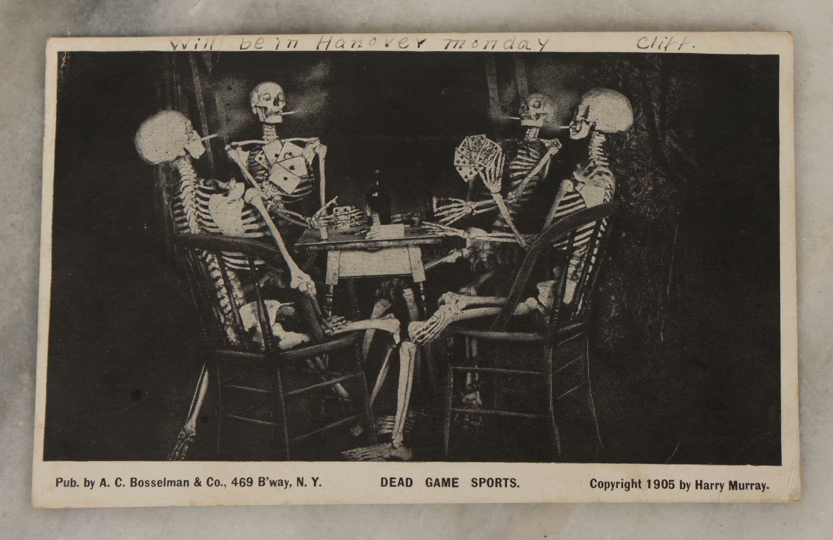 Lot 108 - Single Antique Postcard, Skeletons Playing Cards, Smoking Cigarettes, "Dead Game Sports," Copyright 1905 By Harry Murray, Published By A.C. Bosselman & Co., Brooklyn, New York, Postmarked 1906