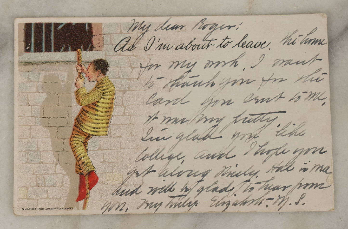 Lot 109 - Single Antique Postcard, Man Breaking Out Of Jail, Copyrighted Joseph Koehler, New York, "As I'M About To Leave," Postmarked