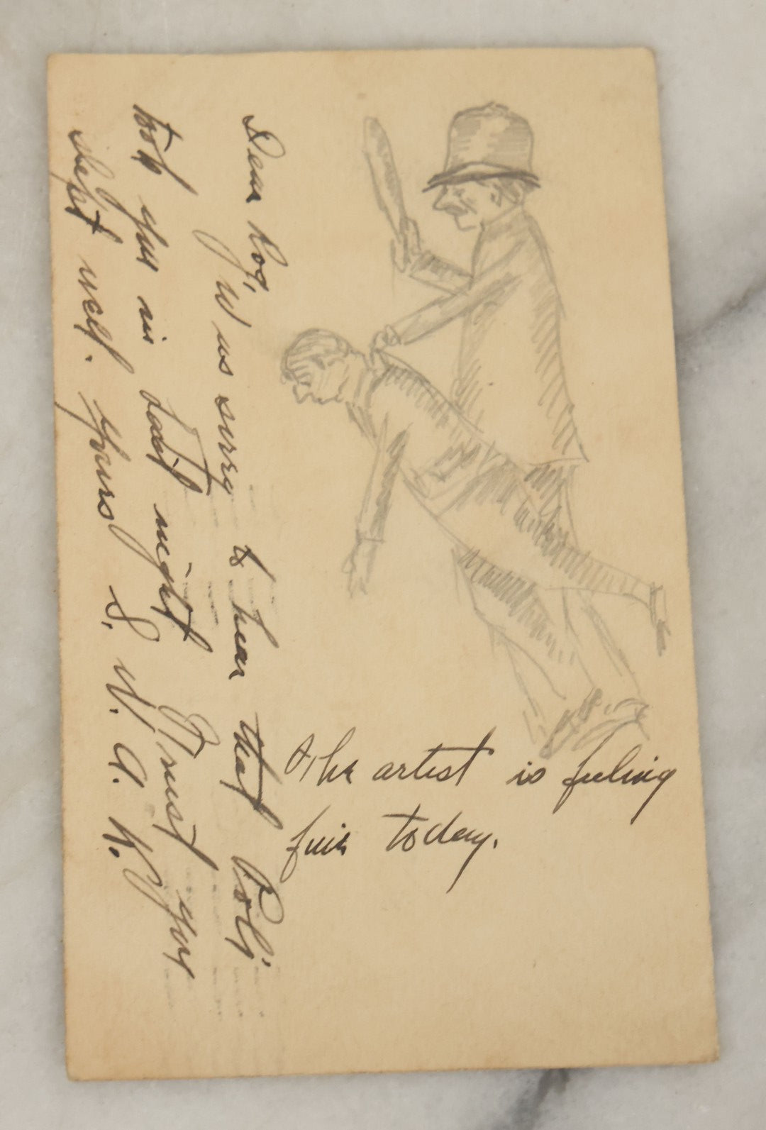 Lot 110 - Single Antique Postcard, Hand Drawn Pencil Sketch Of A Police Officer Beating, Arresting A Man, Postmarked 1909