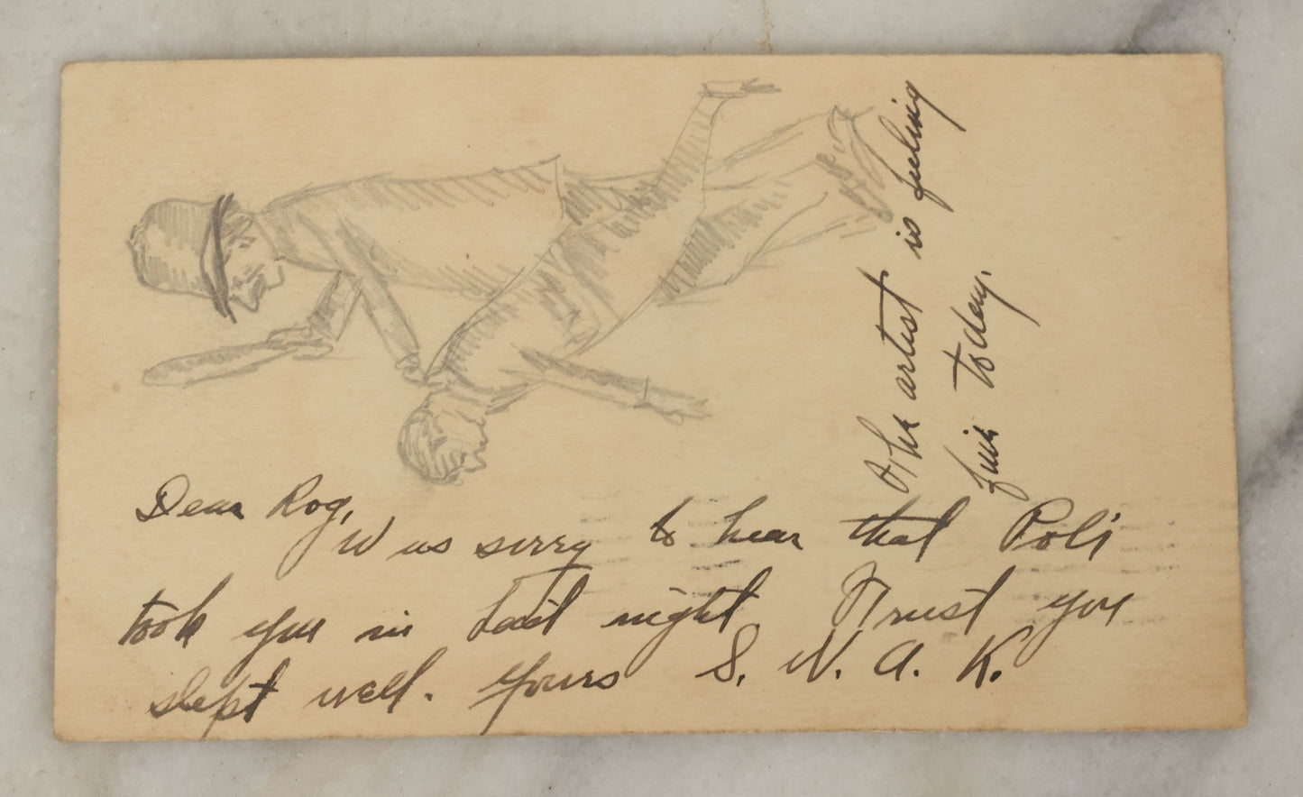 Lot 110 - Single Antique Postcard, Hand Drawn Pencil Sketch Of A Police Officer Beating, Arresting A Man, Postmarked 1909